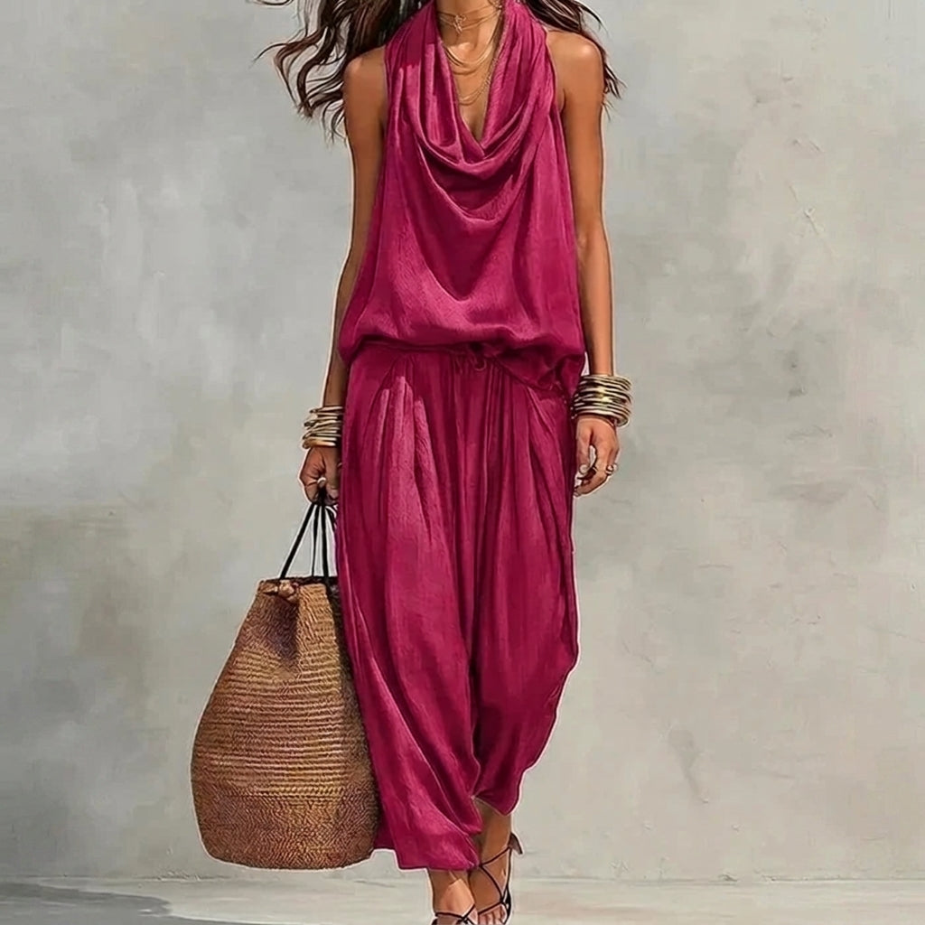 Ambra | Conjunto fluido con top halter drapeado y pantalones