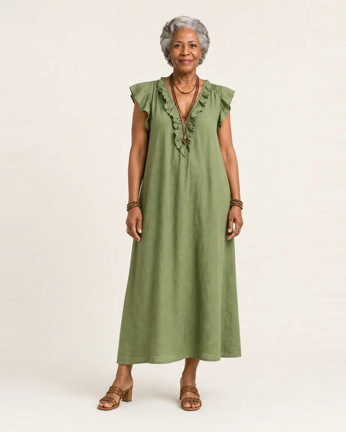 Joseta | Vestido largo con cuello en V con volantes