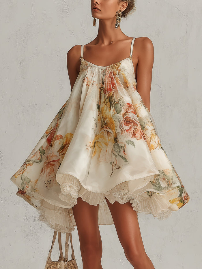 blanco | Mini vestido beige de organza floral en una línea con detalles de encaje
