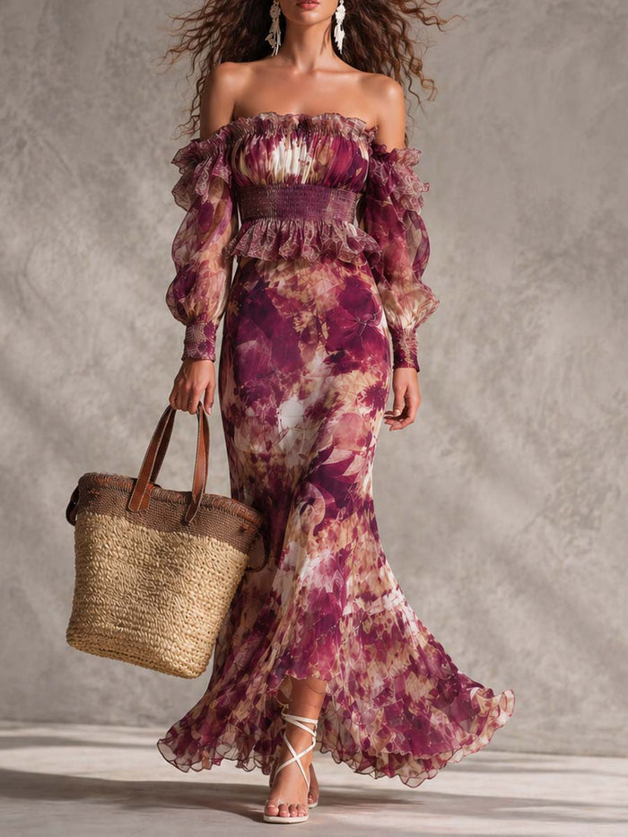 Rosina | Maxi vestido con hombros descubiertos rosa antiguo, estampado floral
