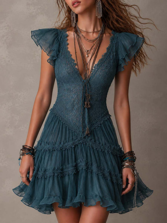 Delfines | Mini vestido retro de encaje azul y gasa con detalles de volantes