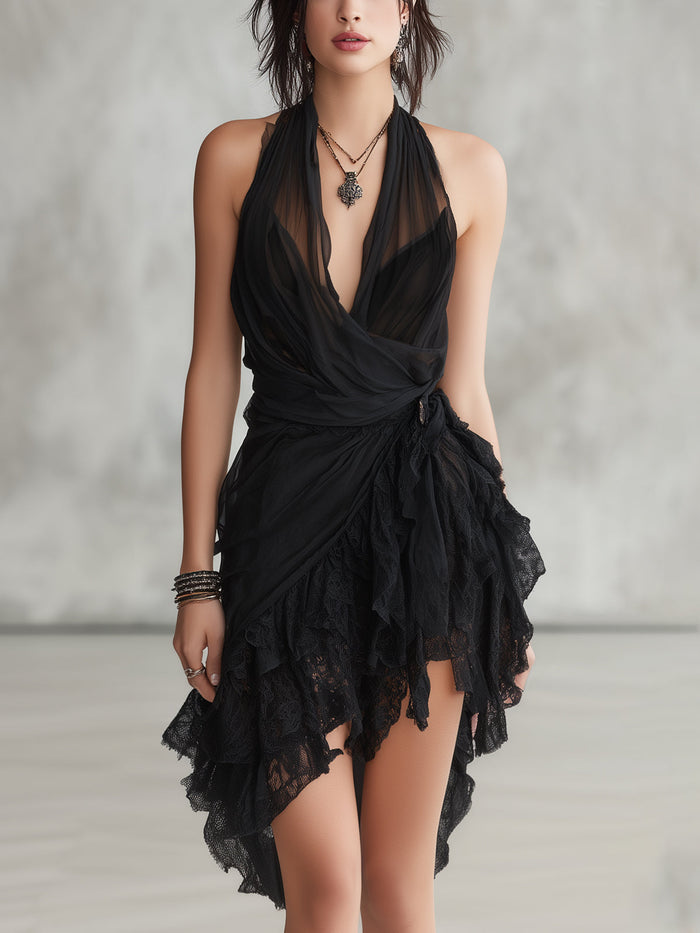 Sélène | Mini vestido negro, escote halter de encaje con volantes