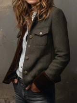Blazer vintage para mujer con estampado de espiga y ribetes en contraste