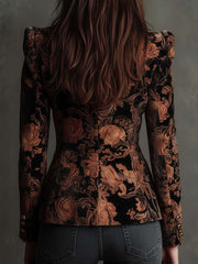 Blazer ajustado para mujer en negro y bronce con estampado floral