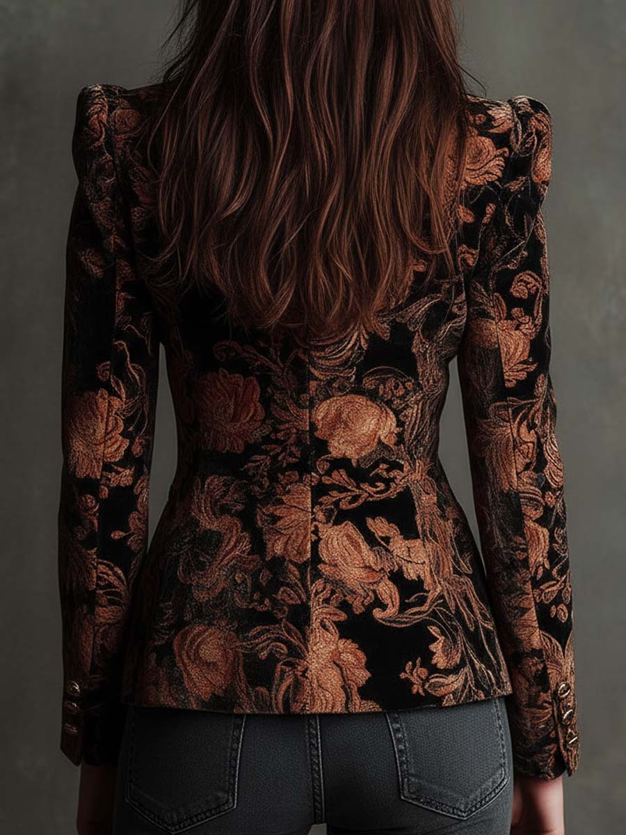 Blazer ajustado para mujer en negro y bronce con estampado floral