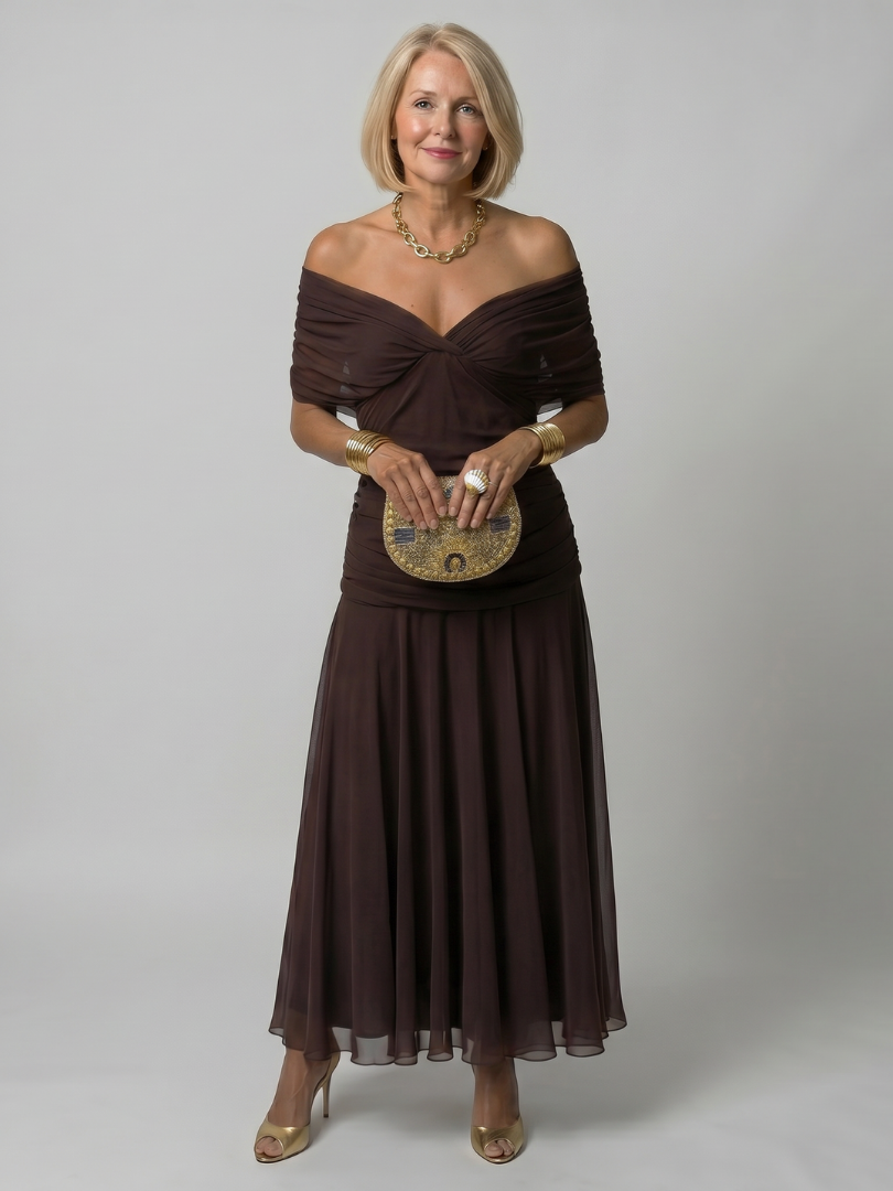Stella & Grace™ | Vestido midi con flow de hombros descubiertos