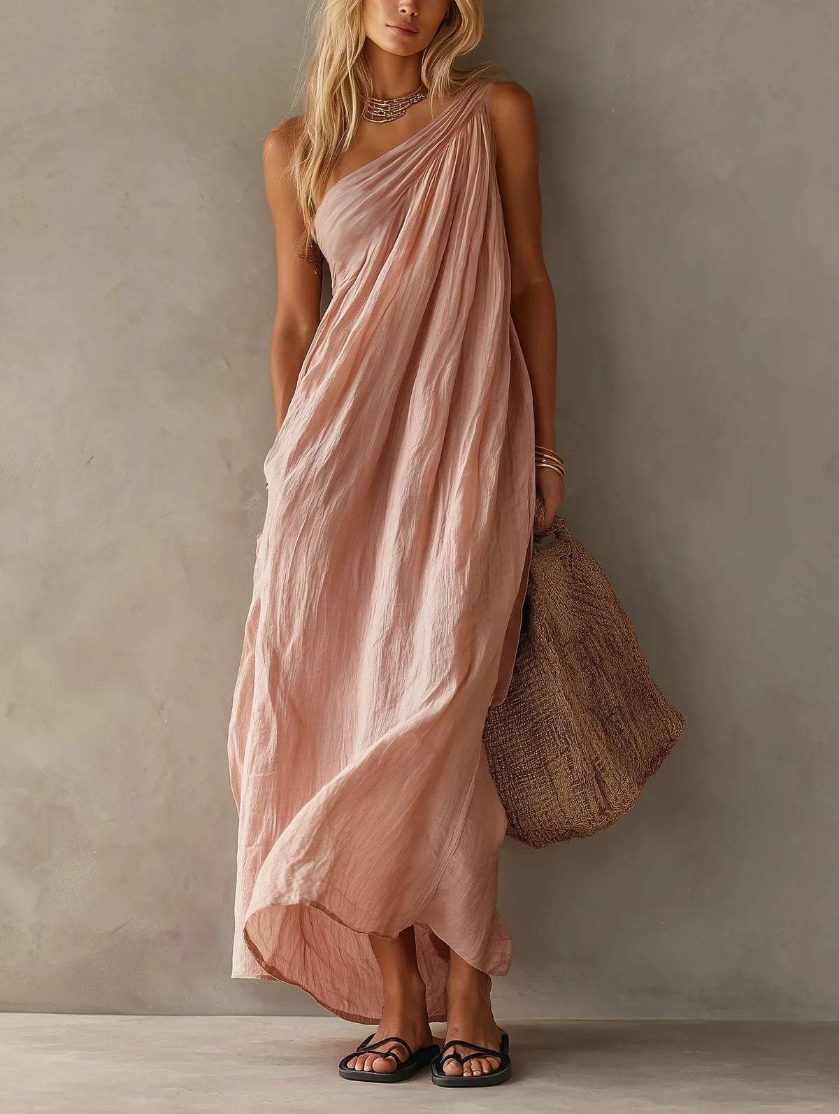 Elegante vestido maxi sin mangas con diseño de un solo hombro