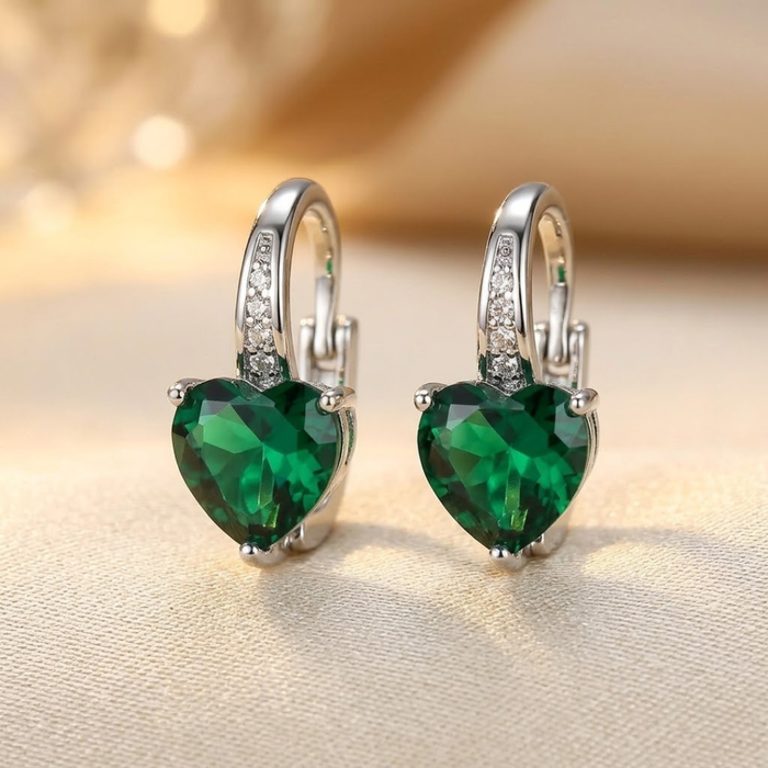 Pendientes de aro de corazón esmeralda de plata