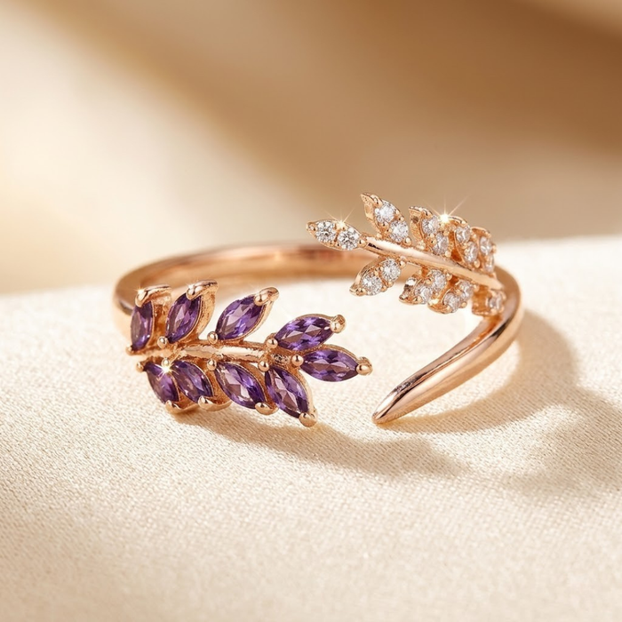 anillo de hoja de amatista de oro