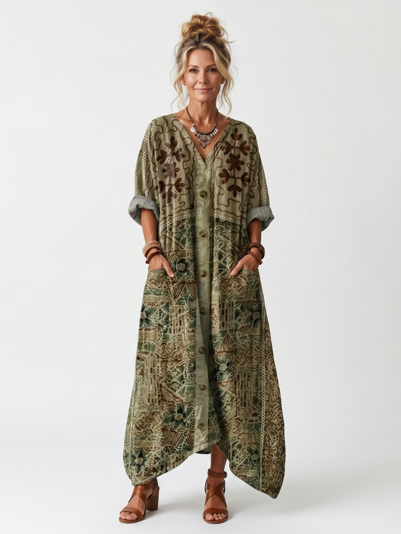 Aleta | Vestido midi oversize bordado con cierre de botones y bolsillos