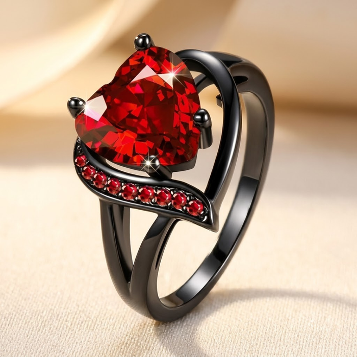 Anillo plateado con rubí en forma de corazón