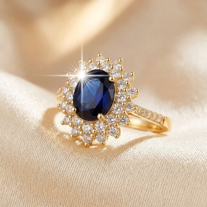 anillo de halo de zafiro dorado