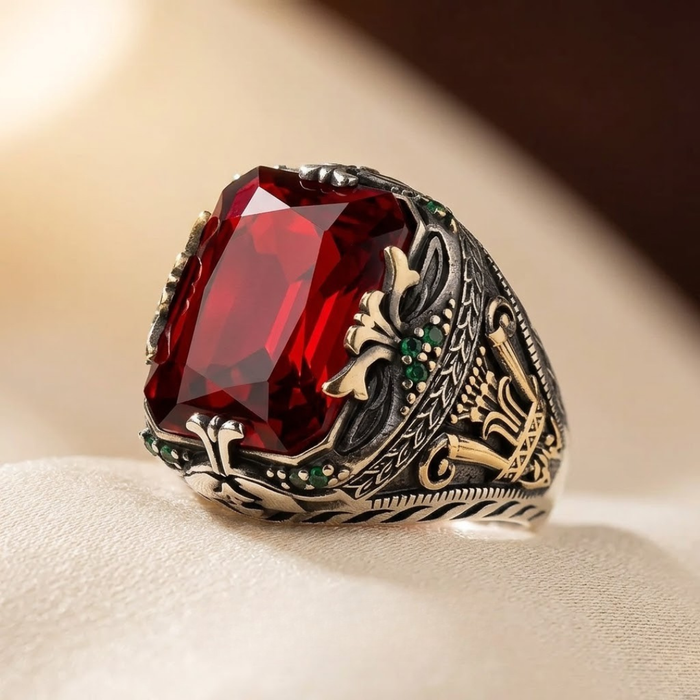 Anillo de sello ornamentado rubí plateado