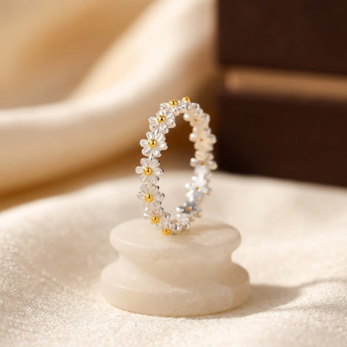 anillo floral de plata