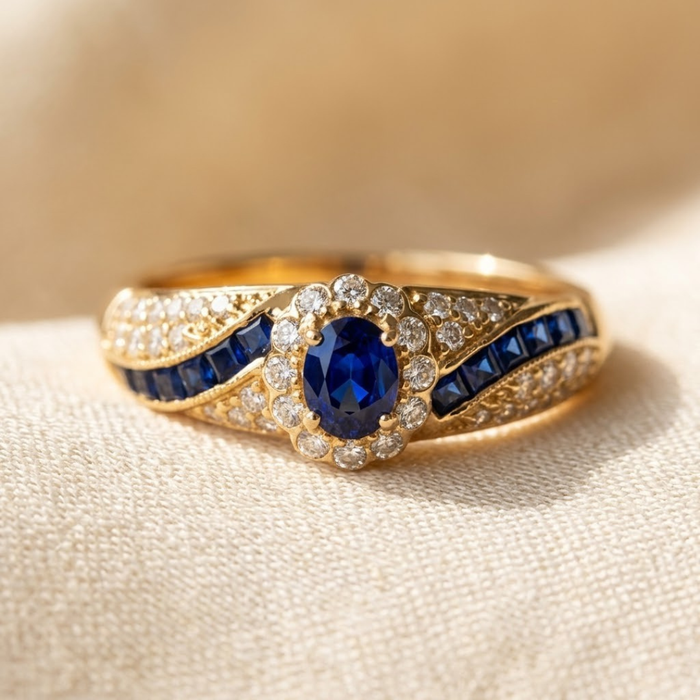 Anillo de banda dorada con zafiro