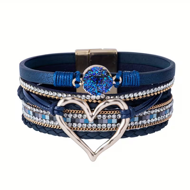 Georgia - Pulsera de cuero con corazón bohemio de varias capas