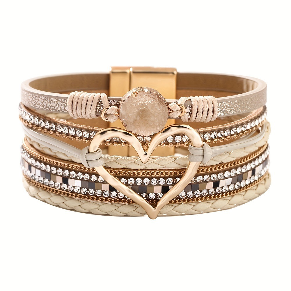 Georgia - Pulsera de cuero con corazón bohemio de varias capas