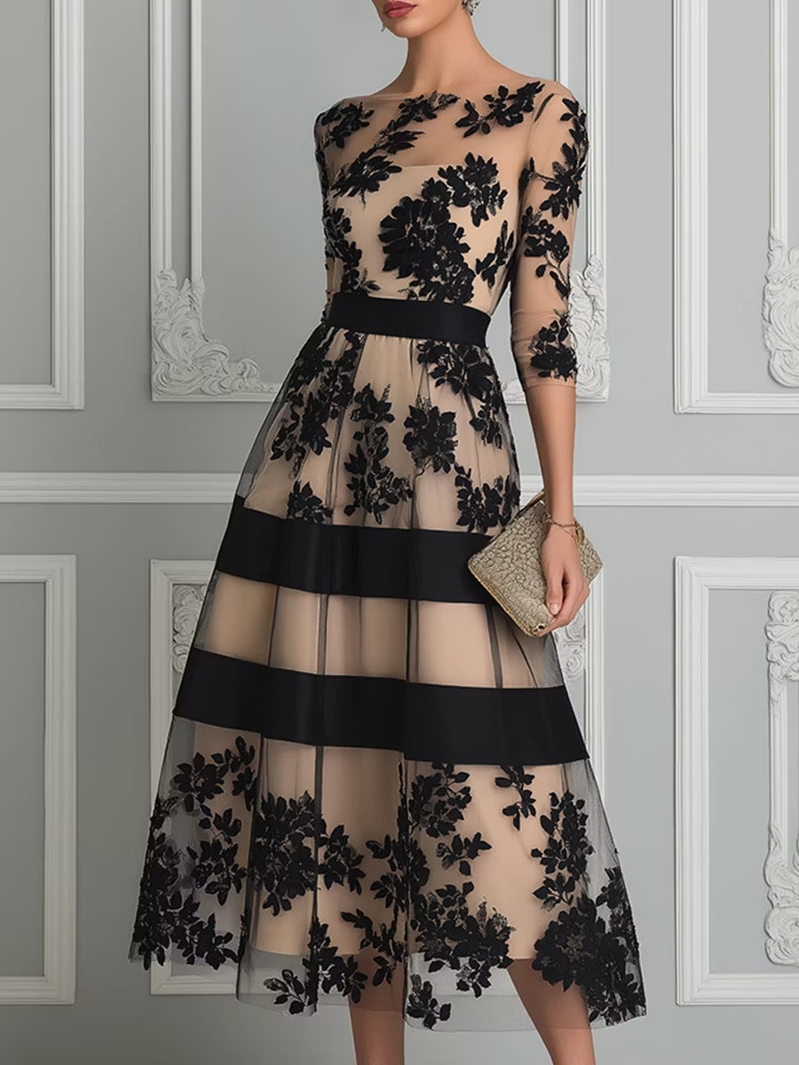 Elegante vestido midi de encaje de corte en A