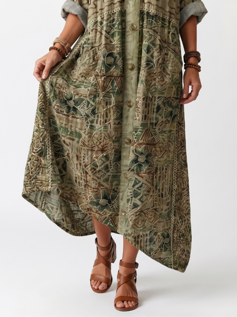Aleta | Vestido midi oversize bordado con cierre de botones y bolsillos