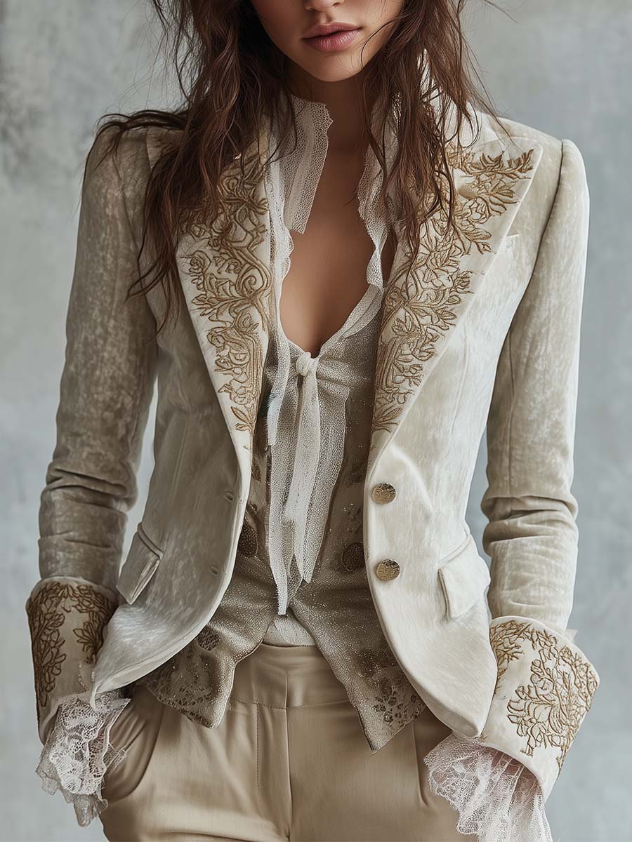 Blazer ajustado para mujer en color marfil con bordado