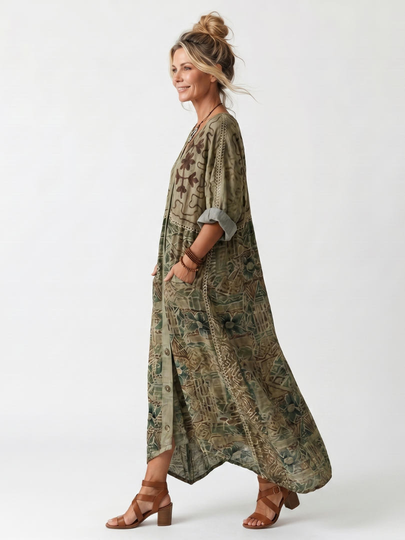 Aleta | Vestido midi oversize bordado con cierre de botones y bolsillos