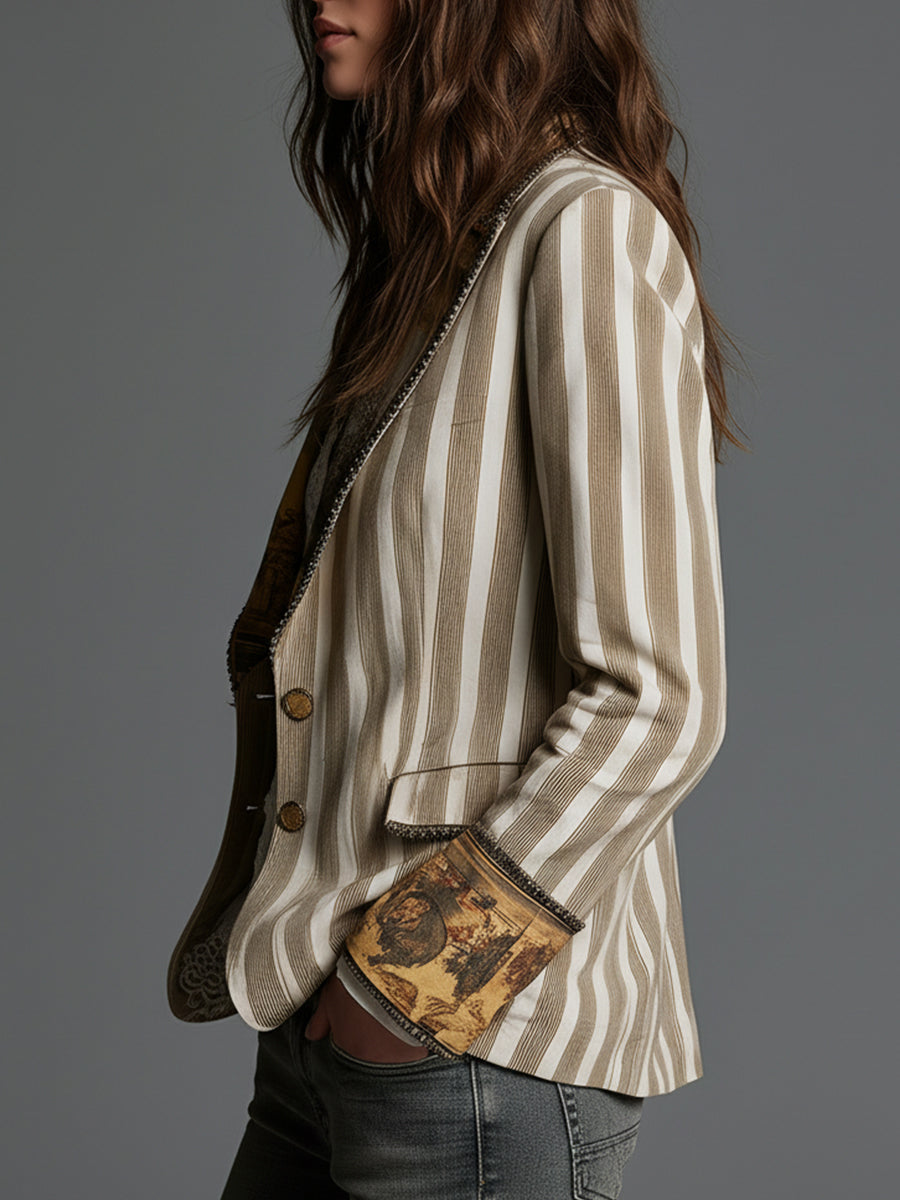 Blazer boho para mujer a rayas y con solapa estampada
