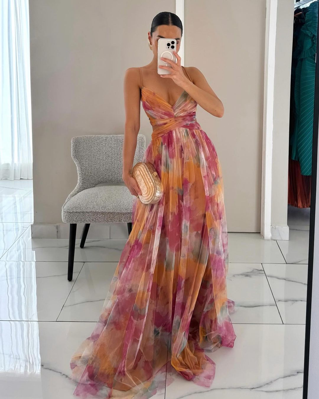 Bryony | Vestido maxi de gasa con estampado de acuarela