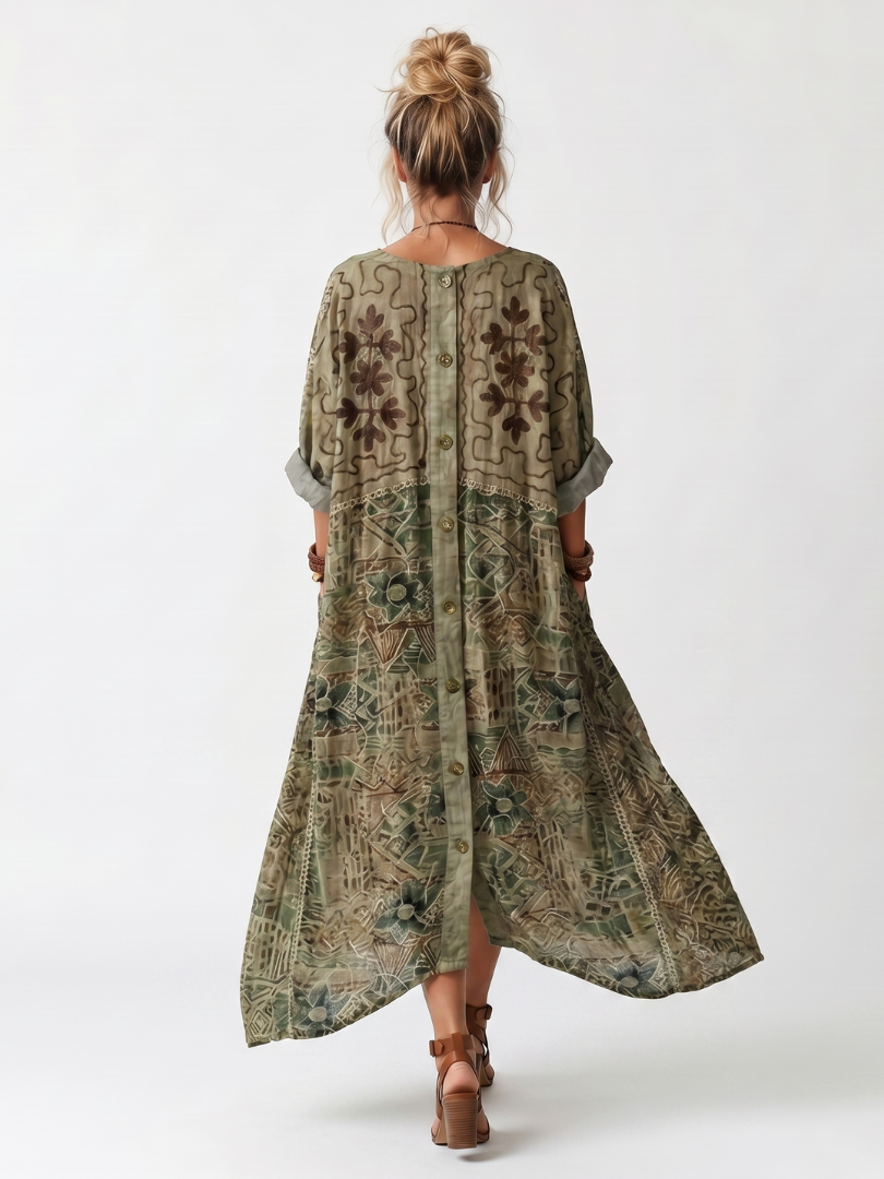 Aleta | Vestido midi oversize bordado con cierre de botones y bolsillos