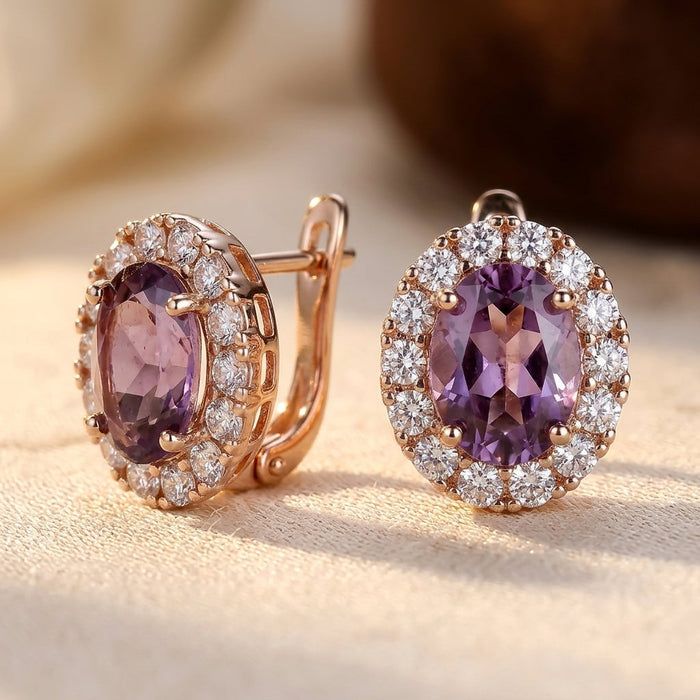 Pendientes de halo de amatista de oro