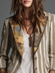 Blazer boho para mujer a rayas y con solapa estampada