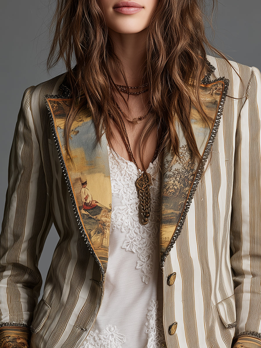 Blazer boho para mujer a rayas y con solapa estampada