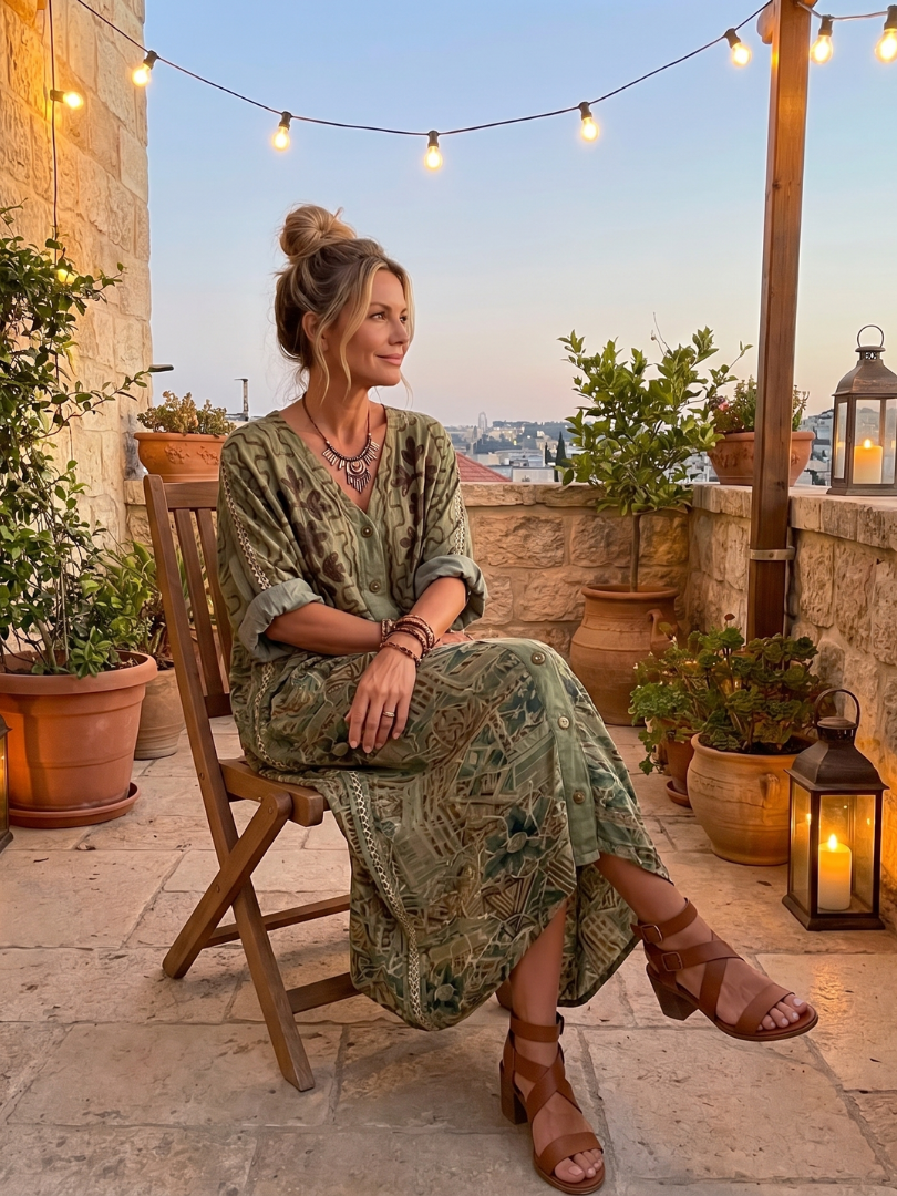 Aleta | Vestido midi oversize bordado con cierre de botones y bolsillos
