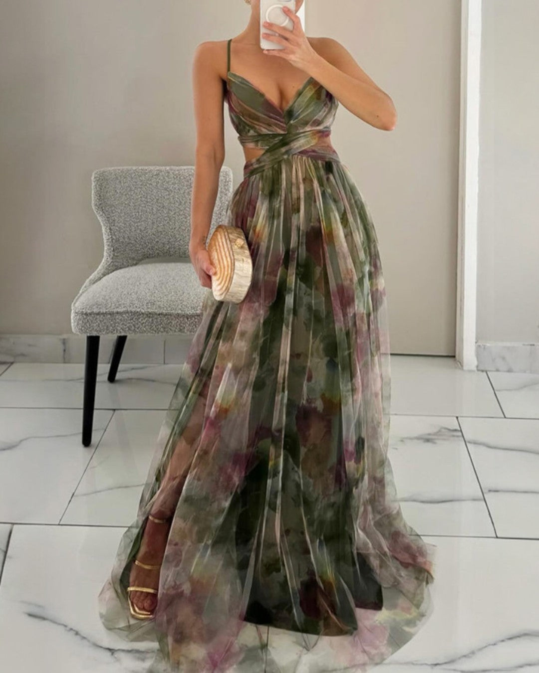 Bryony | Vestido maxi de gasa con estampado de acuarela