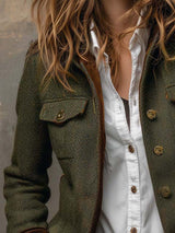 Blazer vintage para mujer con estampado de espiga y ribetes en contraste