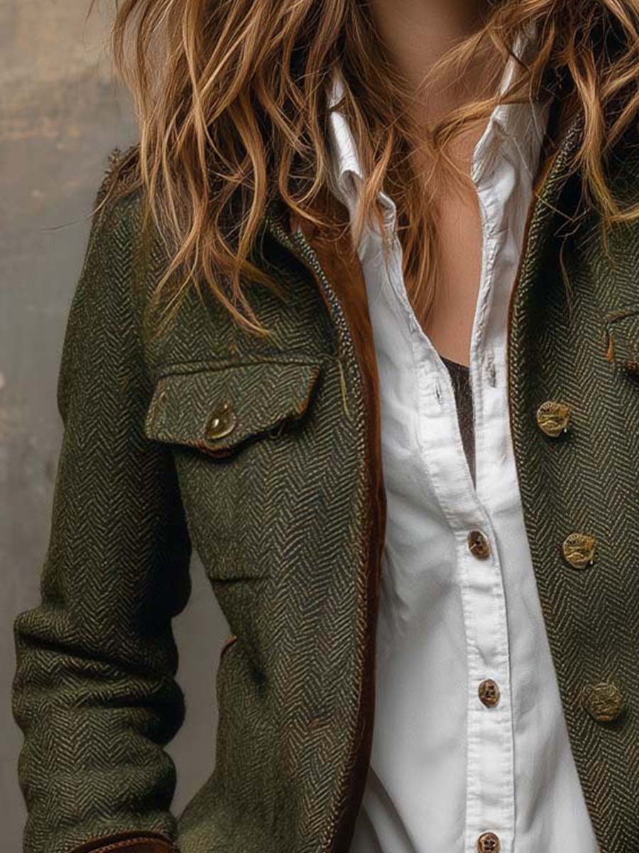 Blazer vintage para mujer con estampado de espiga y ribetes en contraste