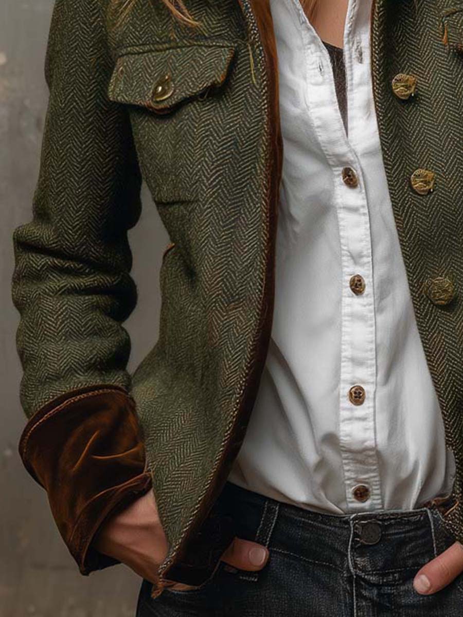 Blazer vintage para mujer con estampado de espiga y ribetes en contraste