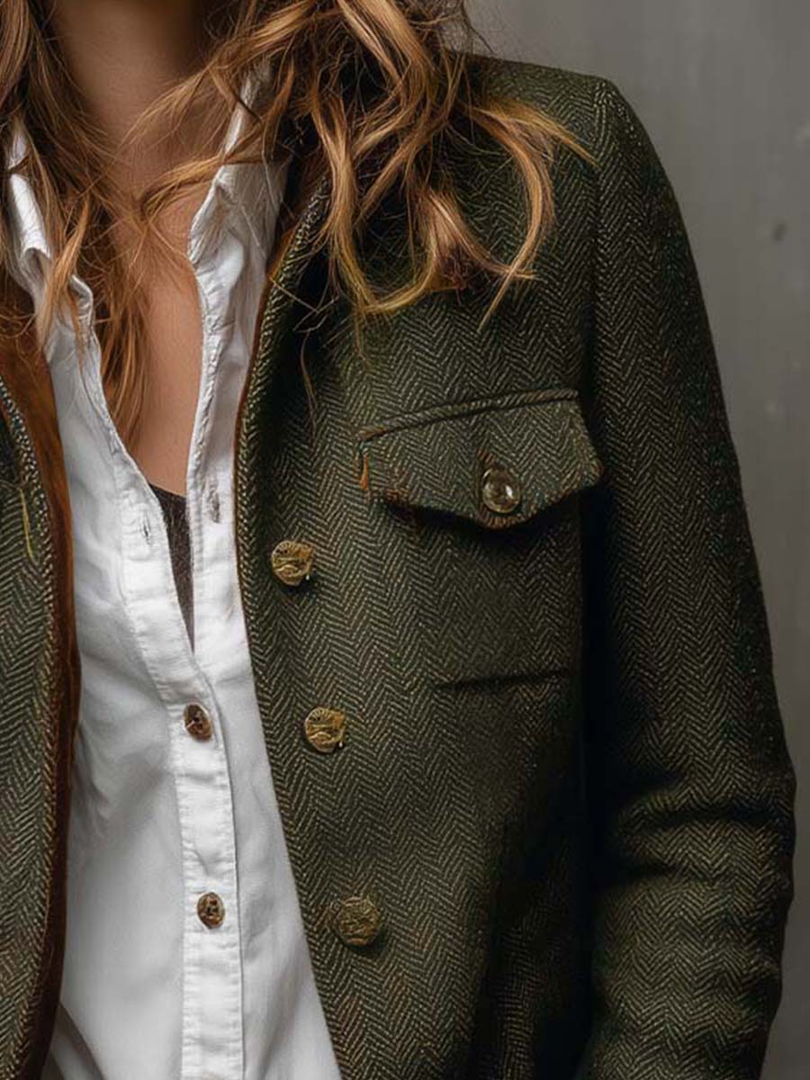Blazer vintage para mujer con estampado de espiga y ribetes en contraste