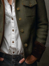 Blazer vintage para mujer con estampado de espiga y ribetes en contraste