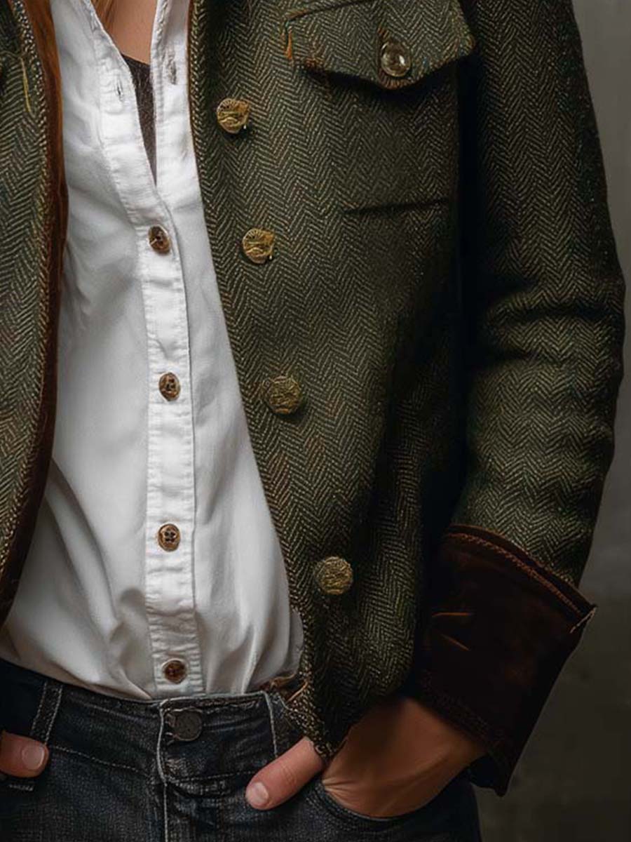 Blazer vintage para mujer con estampado de espiga y ribetes en contraste