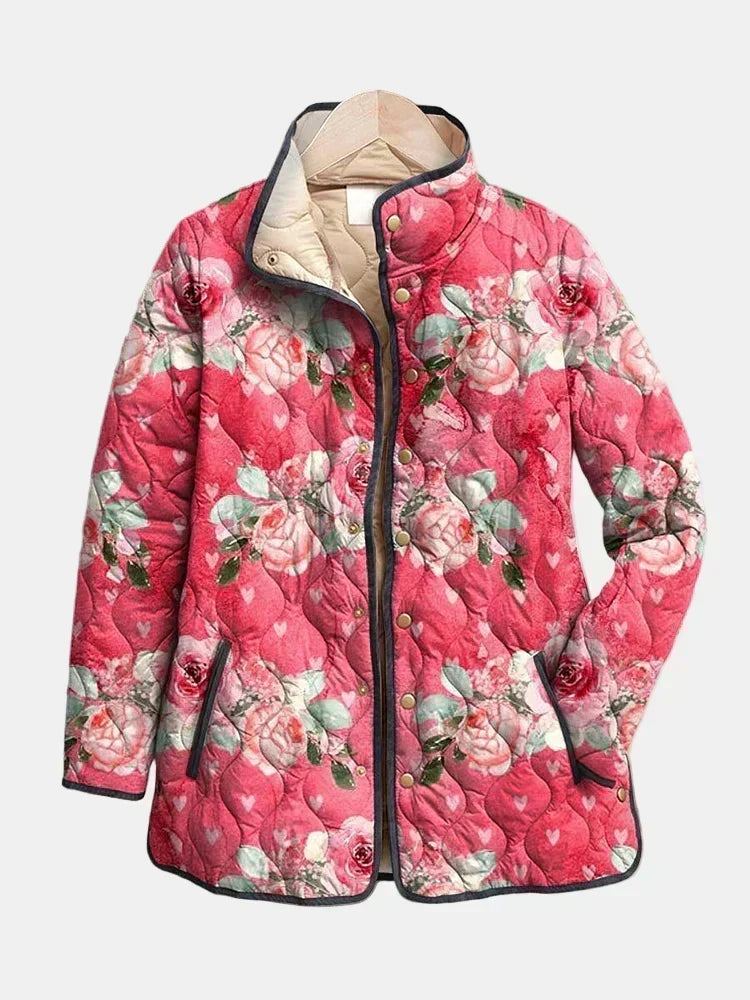 Freya | Chaqueta acolchada rosa de cuello chimenea con estampado floral