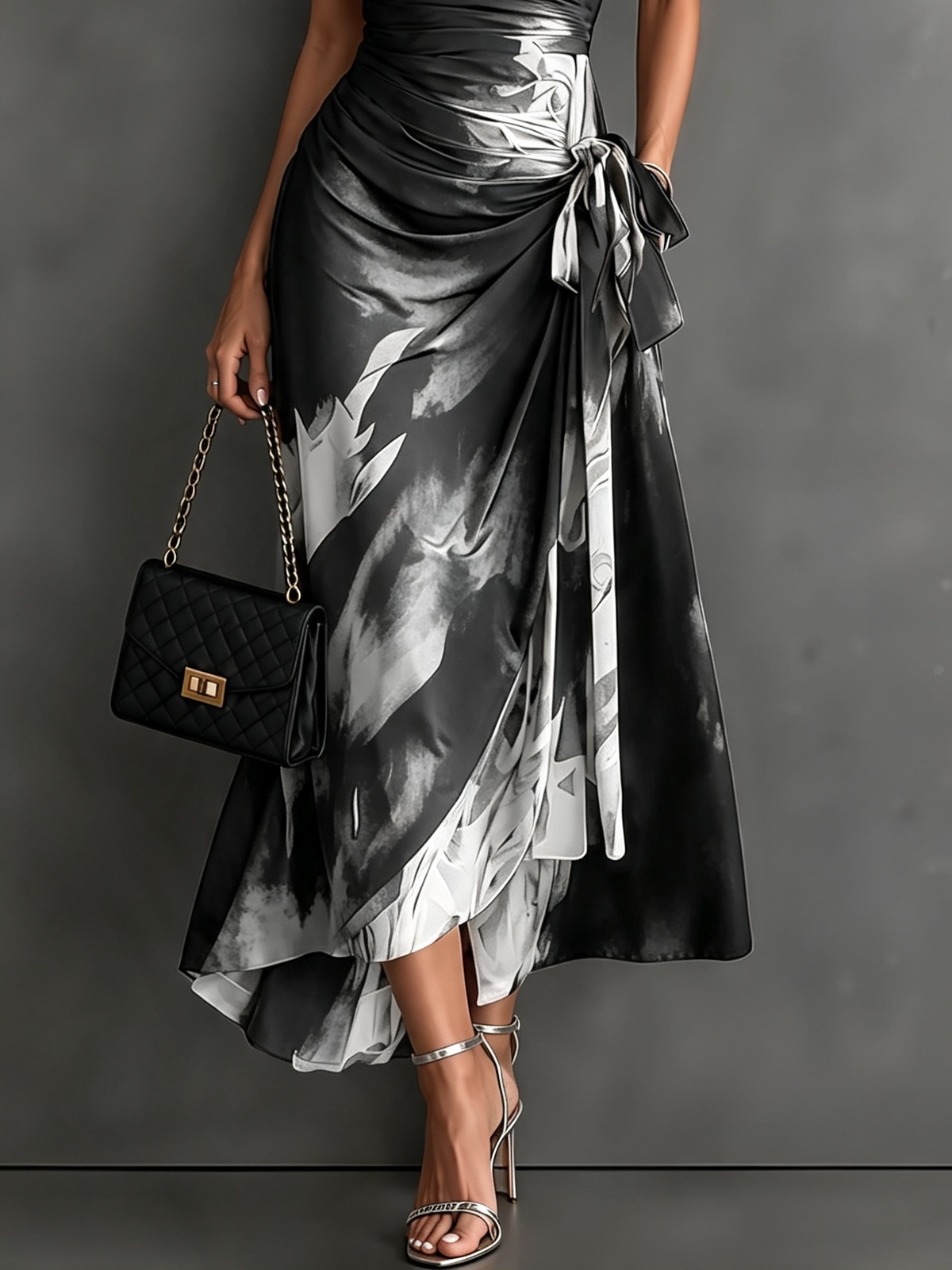 Vestido midi cruzado con estampado abstracto rojo y negro, escote en V, mangas cortas, cinturón y bajo asimétrico con volantes