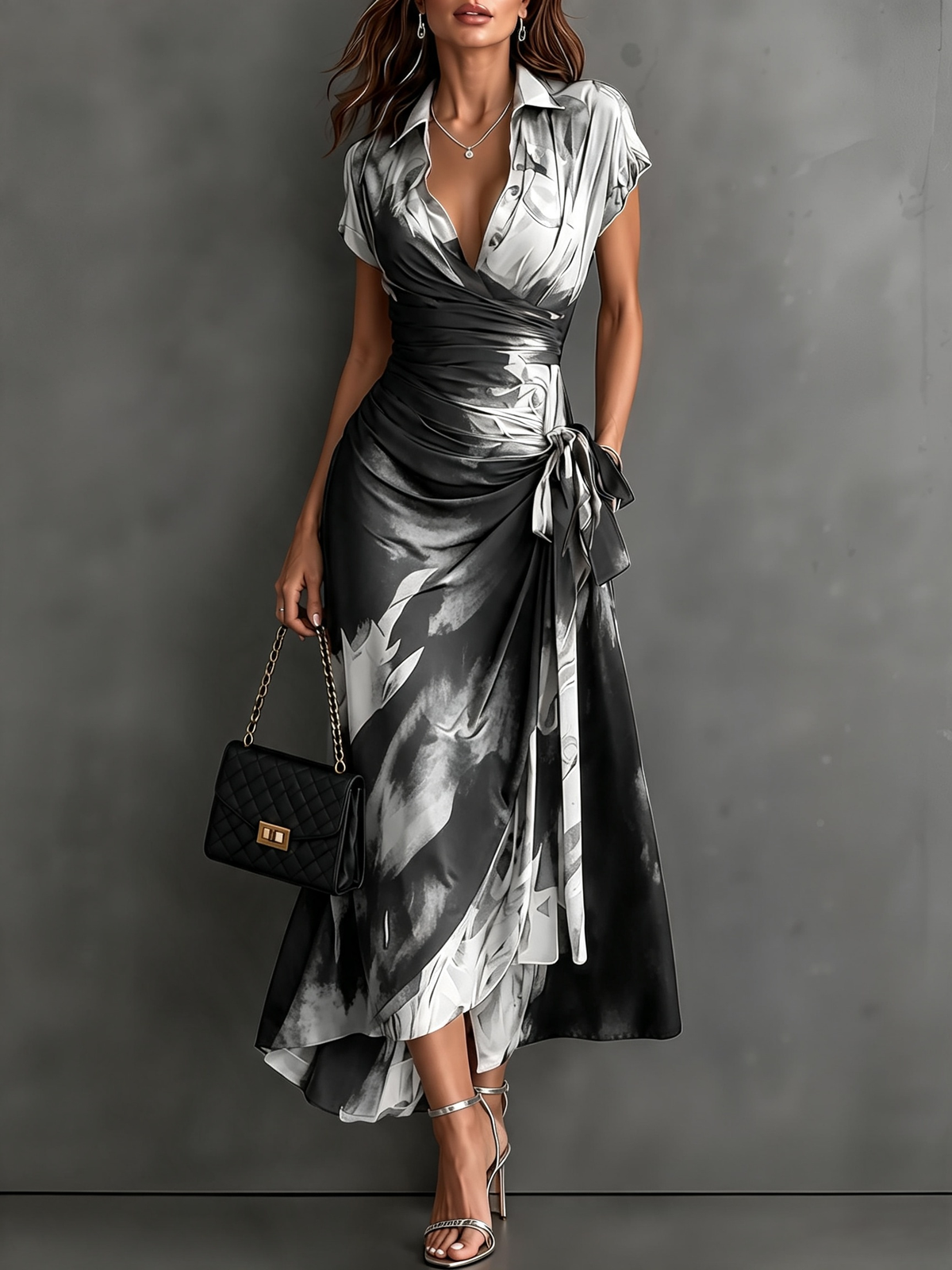 Vestido midi cruzado con estampado abstracto rojo y negro, escote en V, mangas cortas, cinturón y bajo asimétrico con volantes