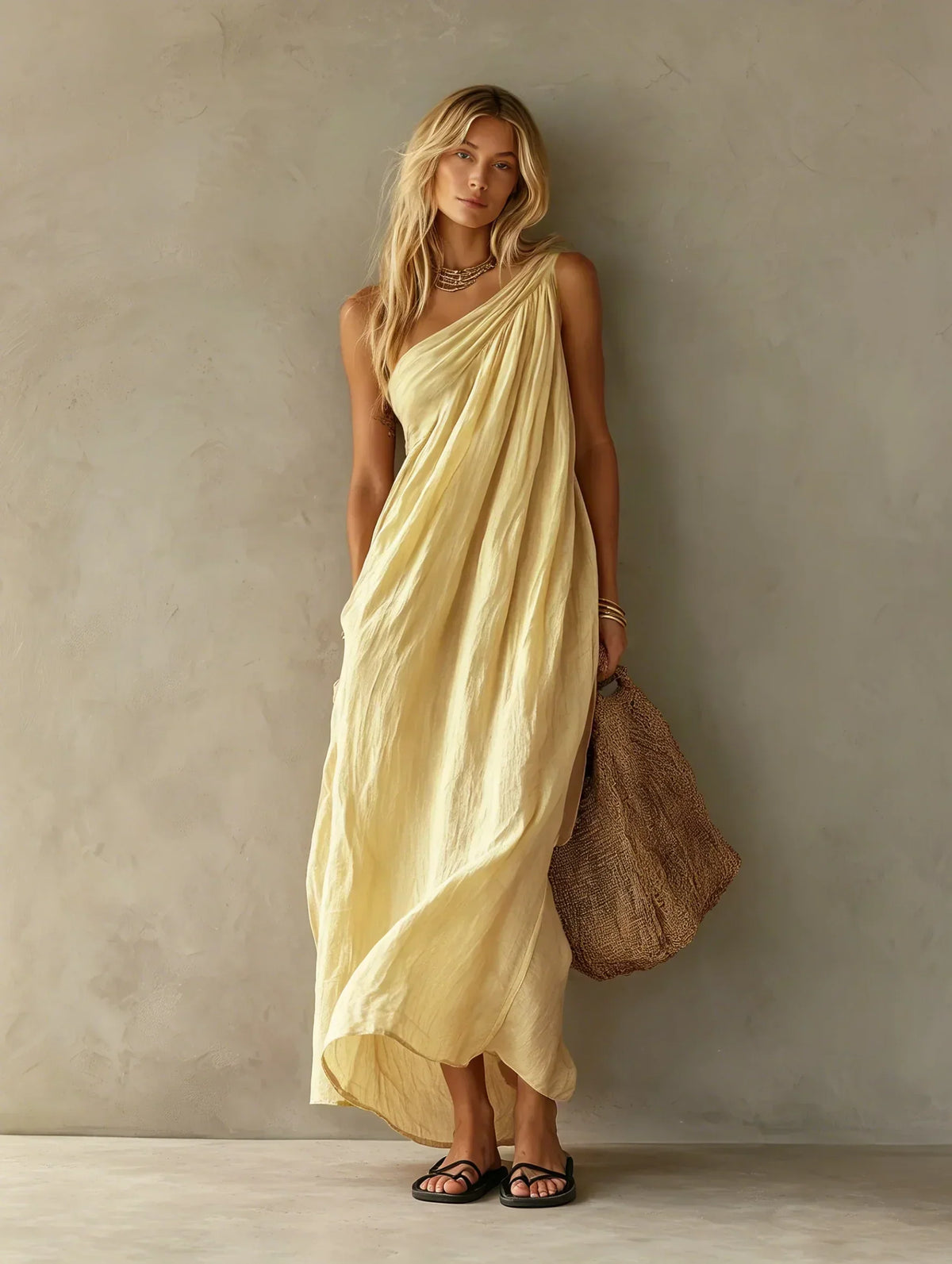 Elegante vestido maxi sin mangas con diseño de un solo hombro