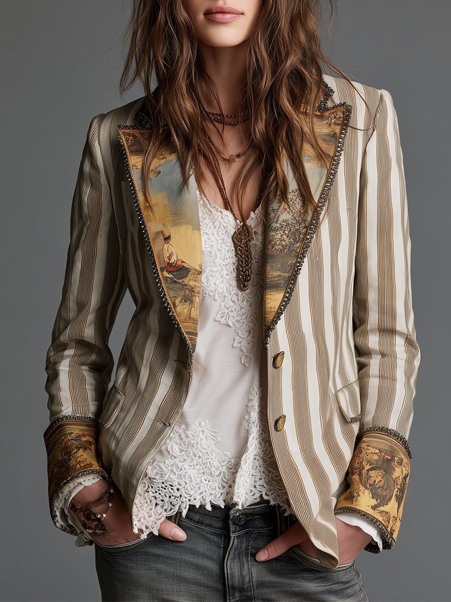 Blazer boho para mujer a rayas y con solapa estampada