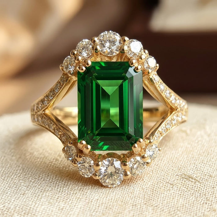 Anillo de halo de esmeralda de oro
