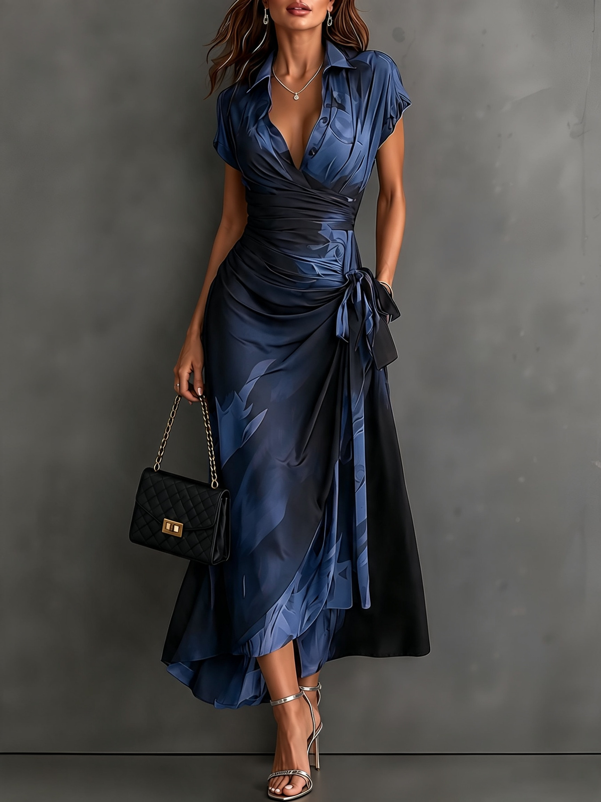 Vestido midi cruzado con estampado abstracto rojo y negro, escote en V, mangas cortas, cinturón y bajo asimétrico con volantes