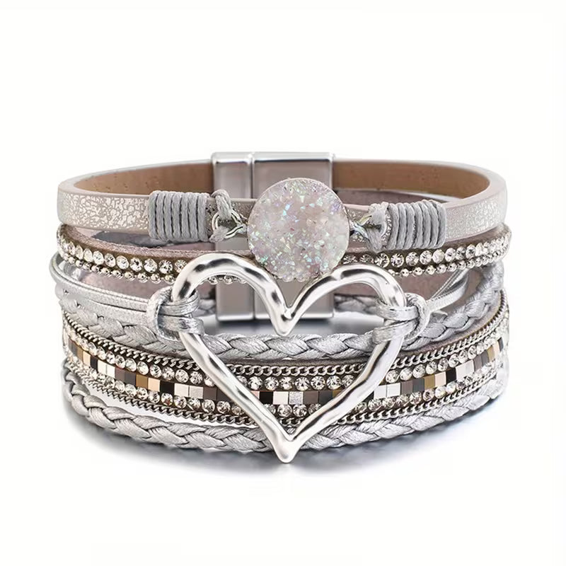 Georgia - Pulsera de cuero con corazón bohemio de varias capas