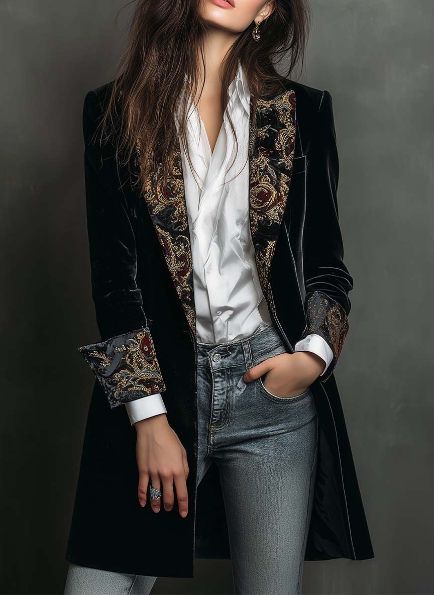 Blazer entallado para mujer en negro con estampado barroco y solapa