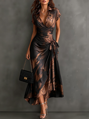Vestido midi cruzado con estampado abstracto rojo y negro, escote en V, mangas cortas, cinturón y bajo asimétrico con volantes