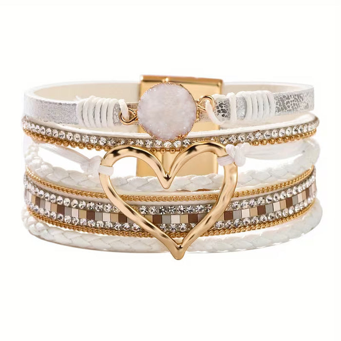 Georgia - Pulsera de cuero con corazón bohemio de varias capas